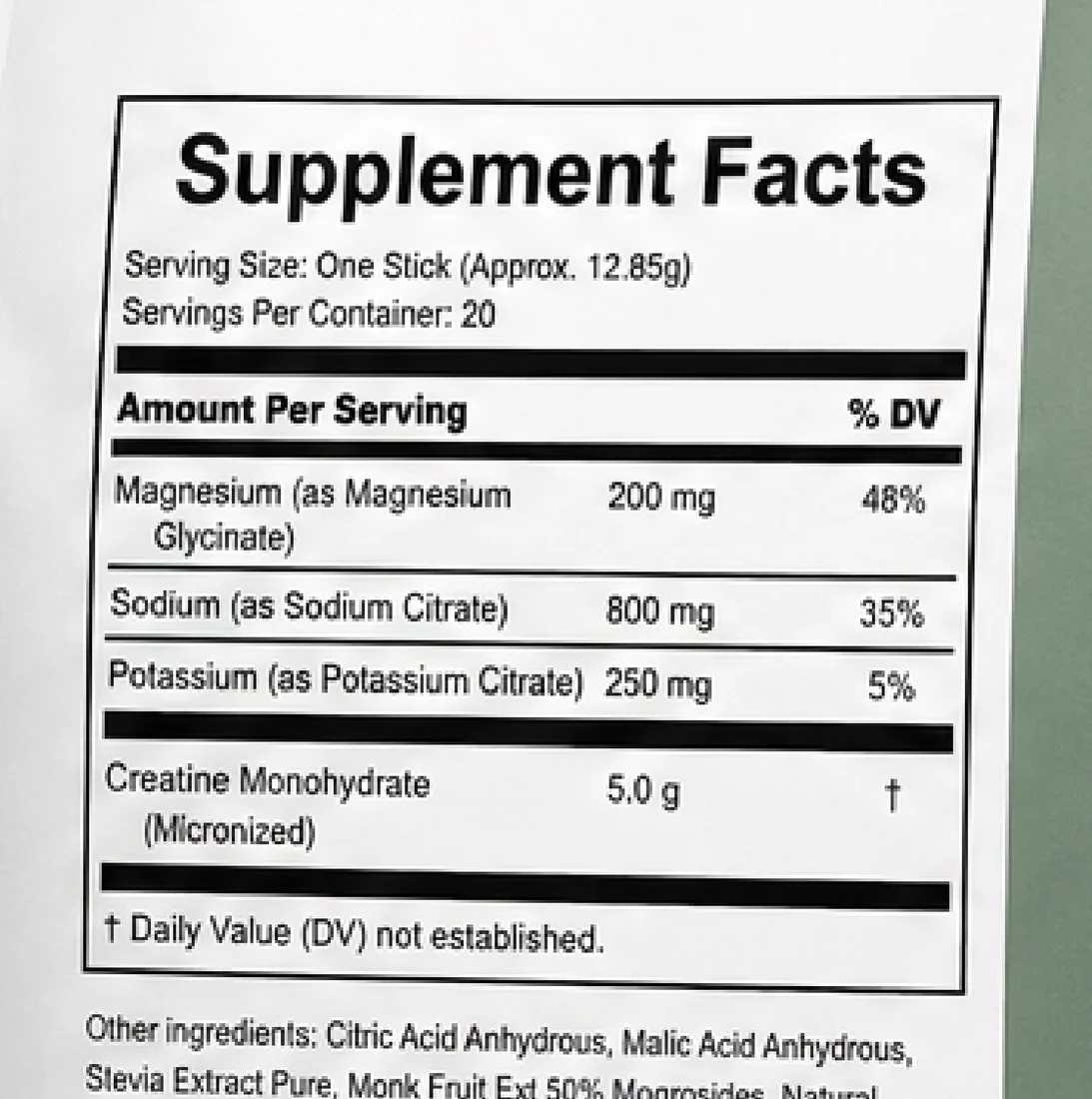 Clean Origins Supplement Facts panel: serving size one stick approximately 12.85 grams, 20 servings per container, 200mg magnesium as magnesium glycinate, 800mg sodium as sodium citrate, 250mg potassium as potassium citrate, 5.0g micronized creatine monohydrate.